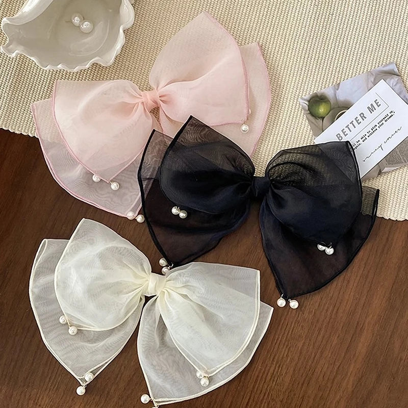 Korean Pearl Bow Silk Mesh Hairbands