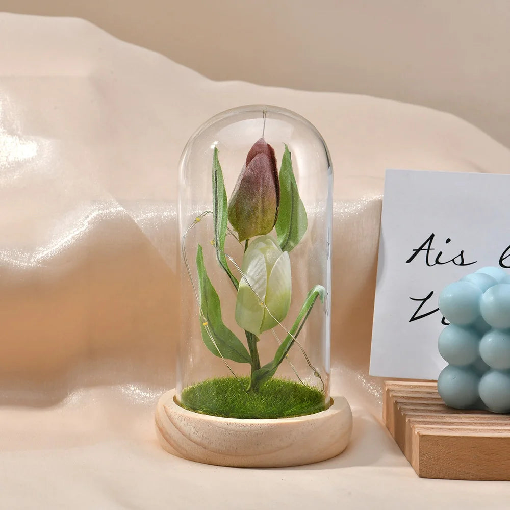 LED Glass Dome White Tulips Gift Decor