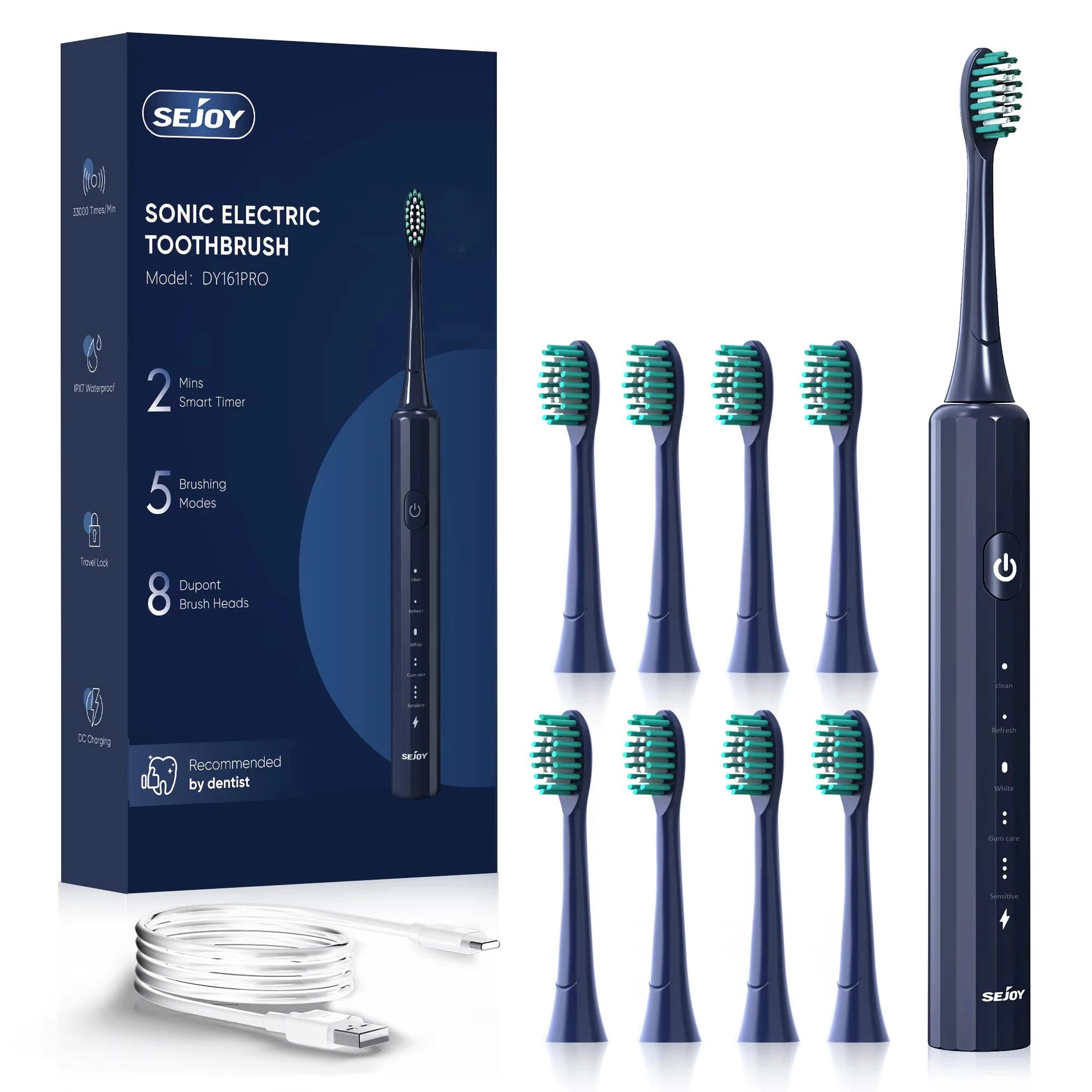 SEJOY Sonic Toothbrush 8 Heads USB Rechargeable