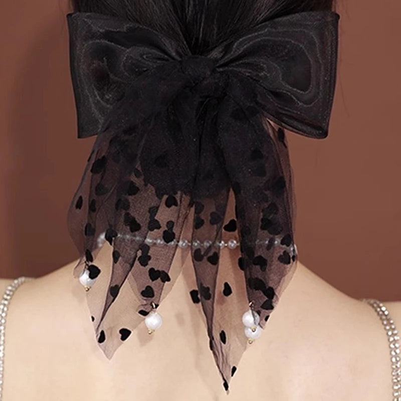 Korean Pearl Bow Silk Mesh Hairbands