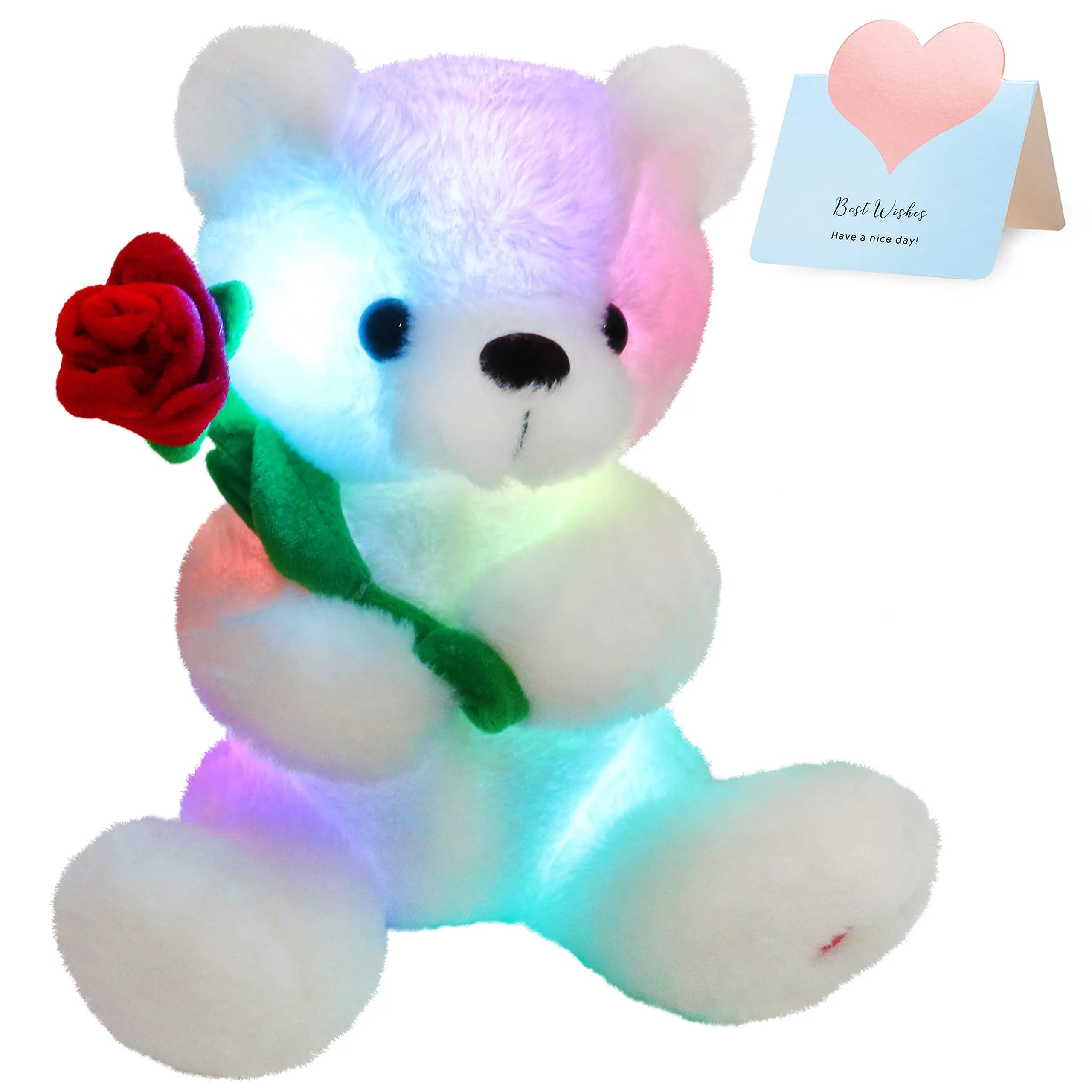 Glow White Teddy Bear with Rose LED Plush Toy