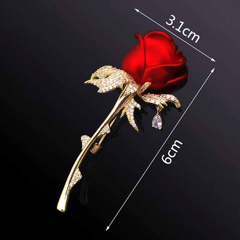 Rhinestone Red Rose Flower Brooch