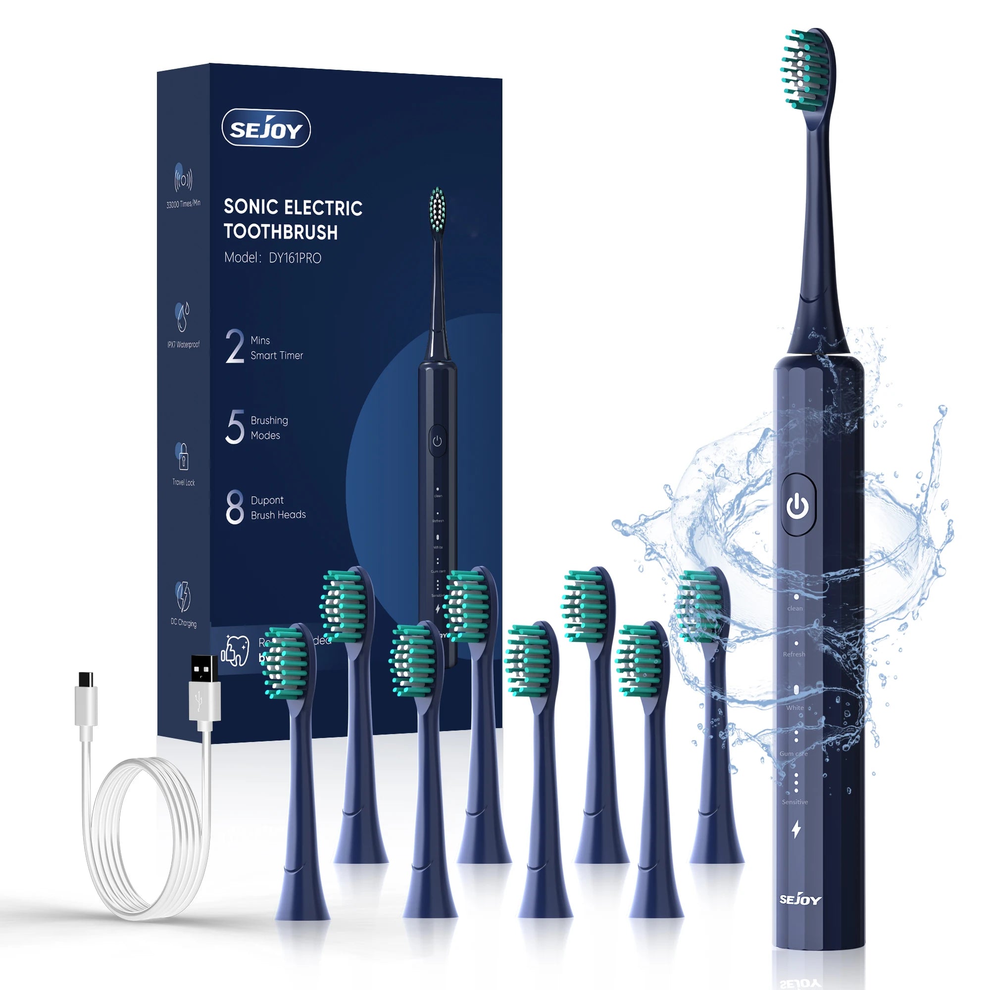 Sonic Toothbrush with 8 Heads, Blue