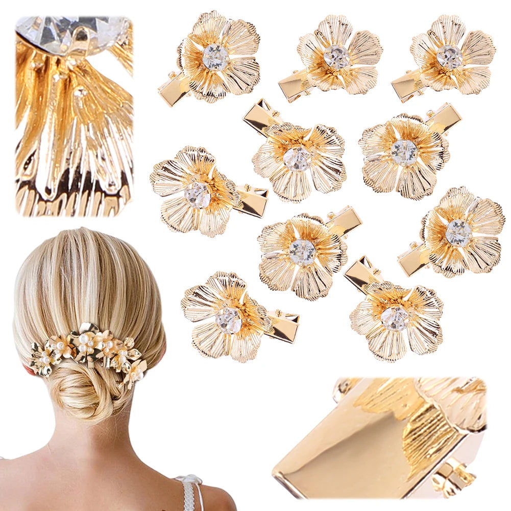 Gold Pearl Flower Hair Clips Set