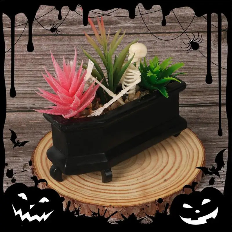 Coffin Skull Fake Plant with Succulents