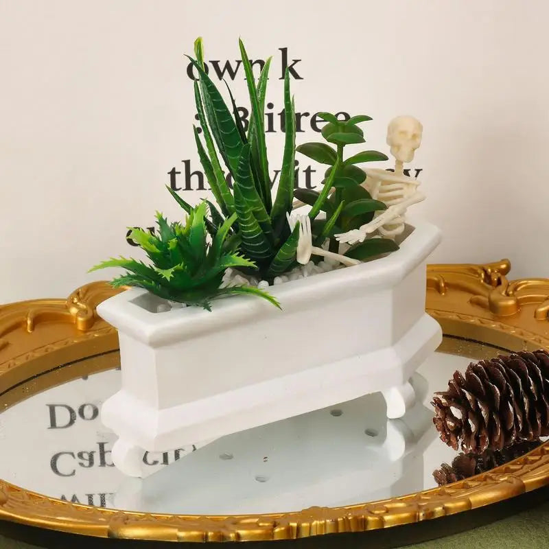 Coffin Skull Fake Plant with Succulents