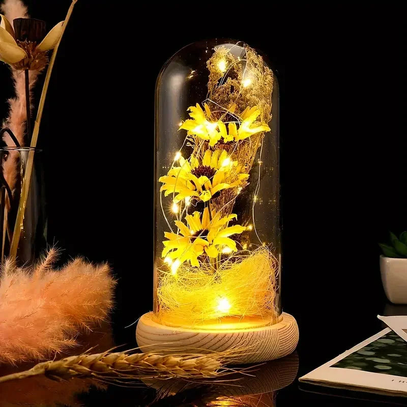 Artificial Sunflowers in Glass Dome LED