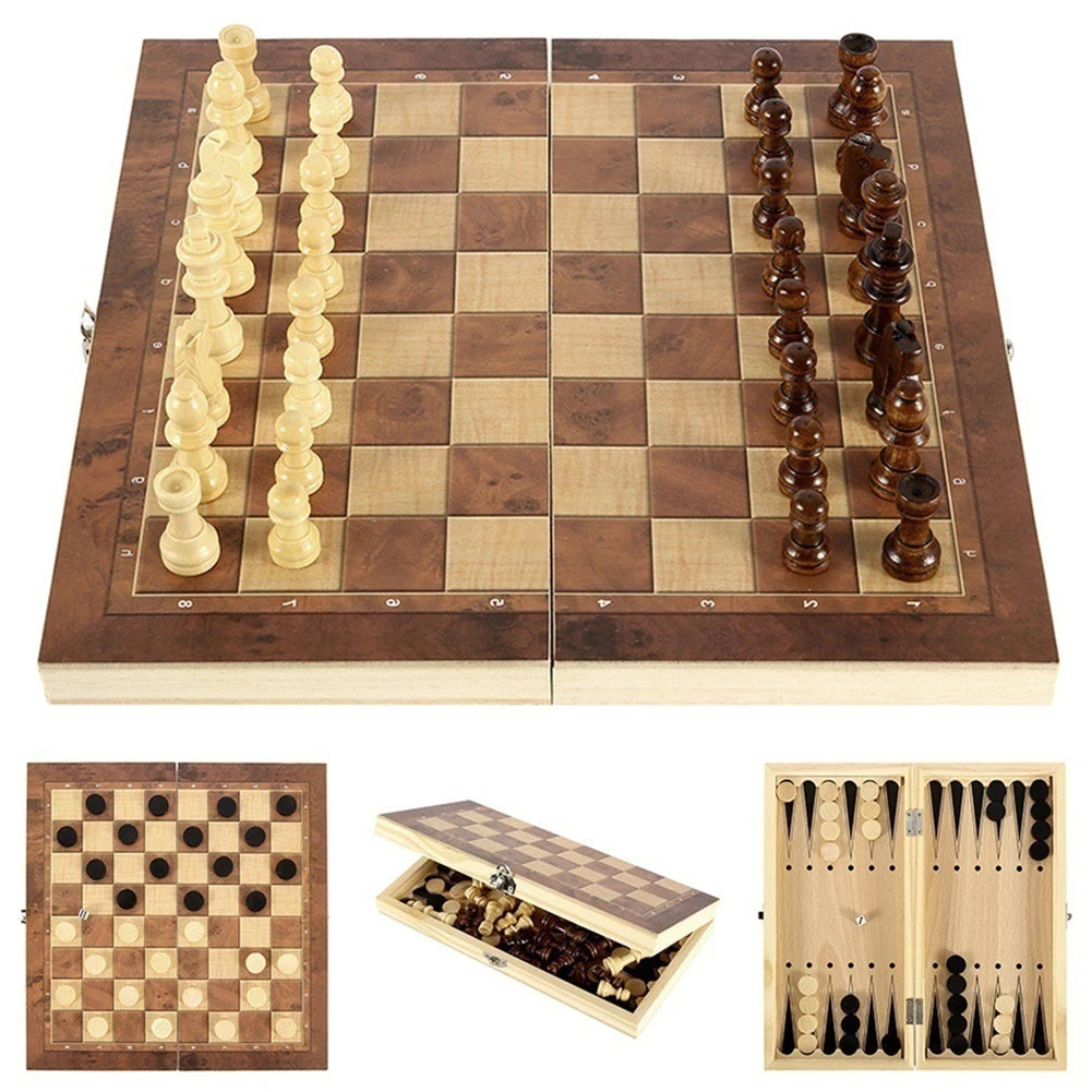 3-in-1 Wooden Chess & Checkers Set