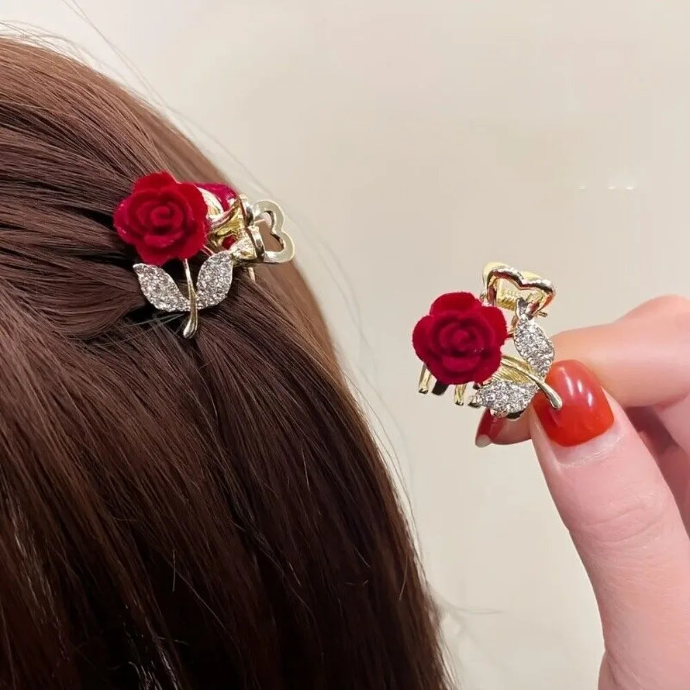 Mini Rhinestone Velvet Rose Hair Claw