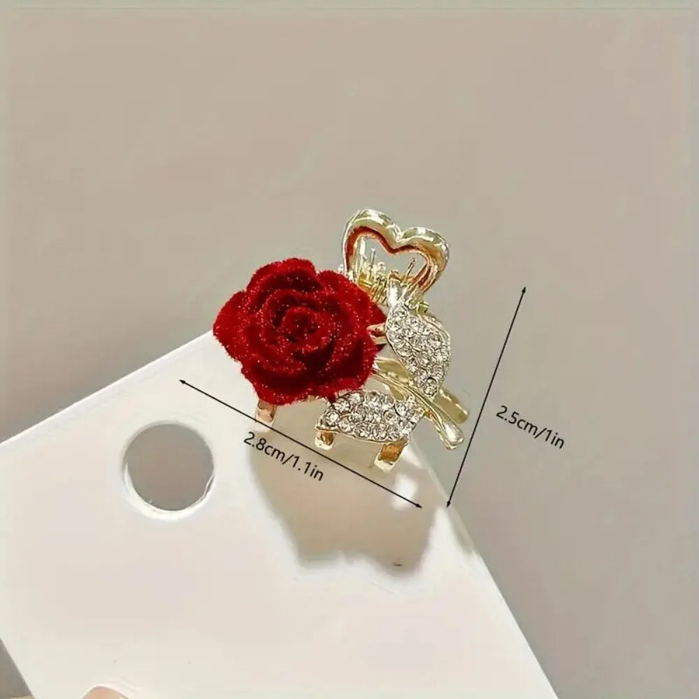 Mini Rhinestone Velvet Rose Hair Claw