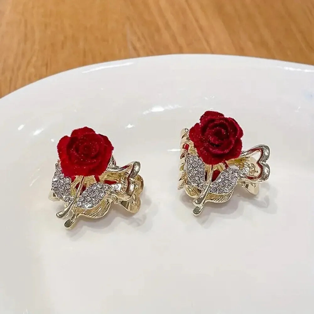 Mini Rhinestone Velvet Rose Hair Claw