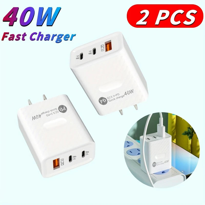 2PCS 40W 3-Port PD Charger Quick Charge