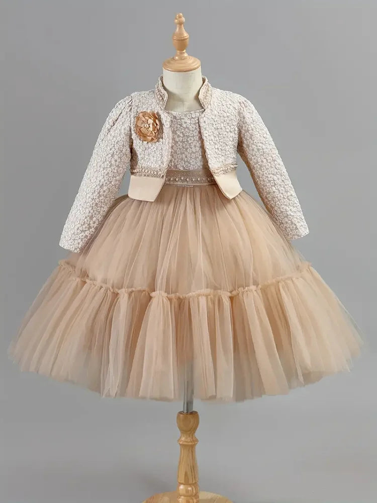 Girls Khaki Lace Dress and Coat Set