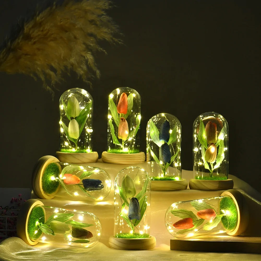 LED Glass Dome White Tulips Gift Decor