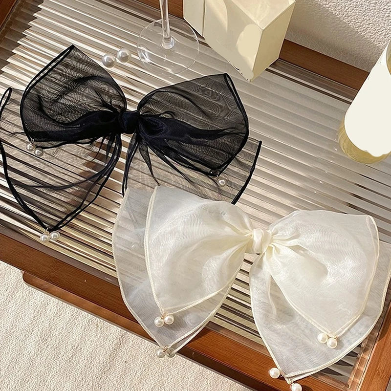 Korean Pearl Bow Silk Mesh Hairbands