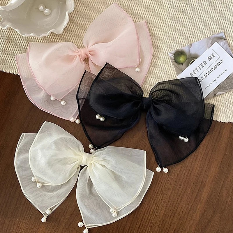 Korean Pearl Bow Silk Mesh Hairbands