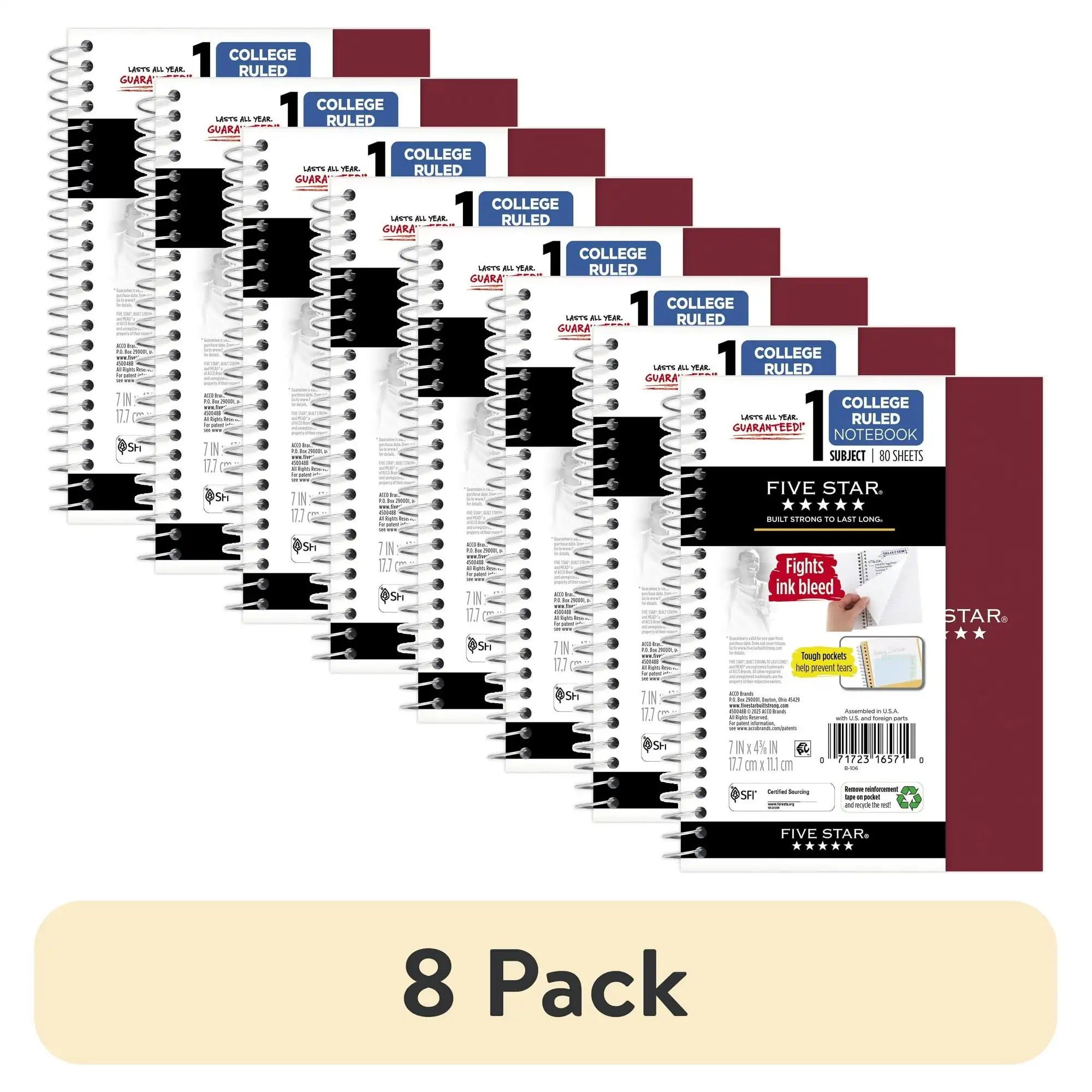 Five Star 7x5 Burgundy Notebooks – 8 Pack