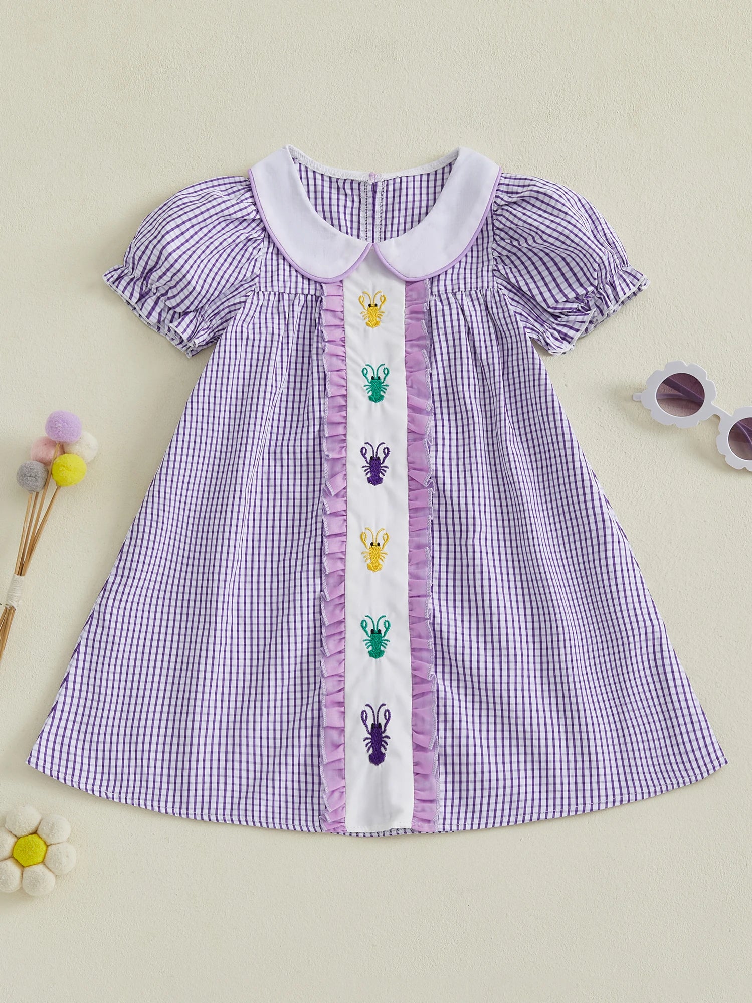 Plaid Lobster Embroidered Toddler Dress