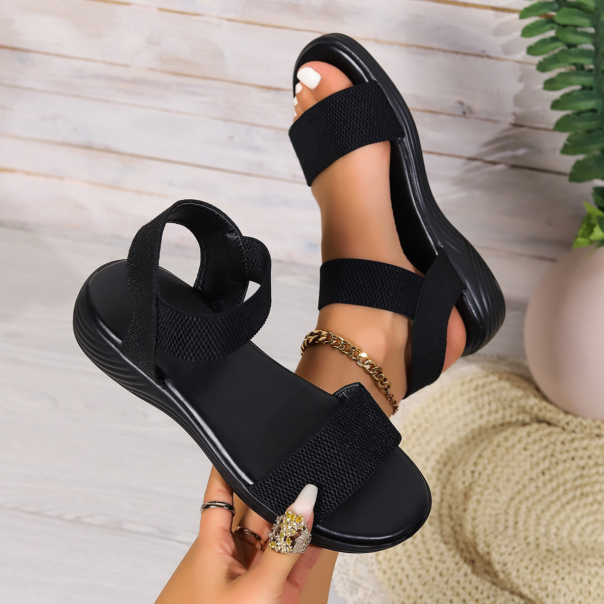 Colorblock Elastic Fish Mouth Sandals