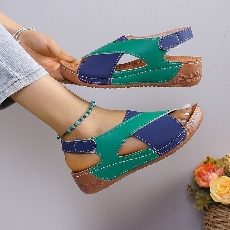 Colorblock Cross-Strap Wedge Sandals