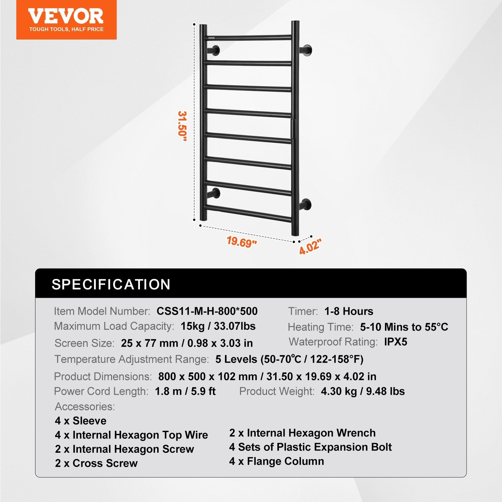 VEVOR 8-Bar Wall Mounted Towel Warmer