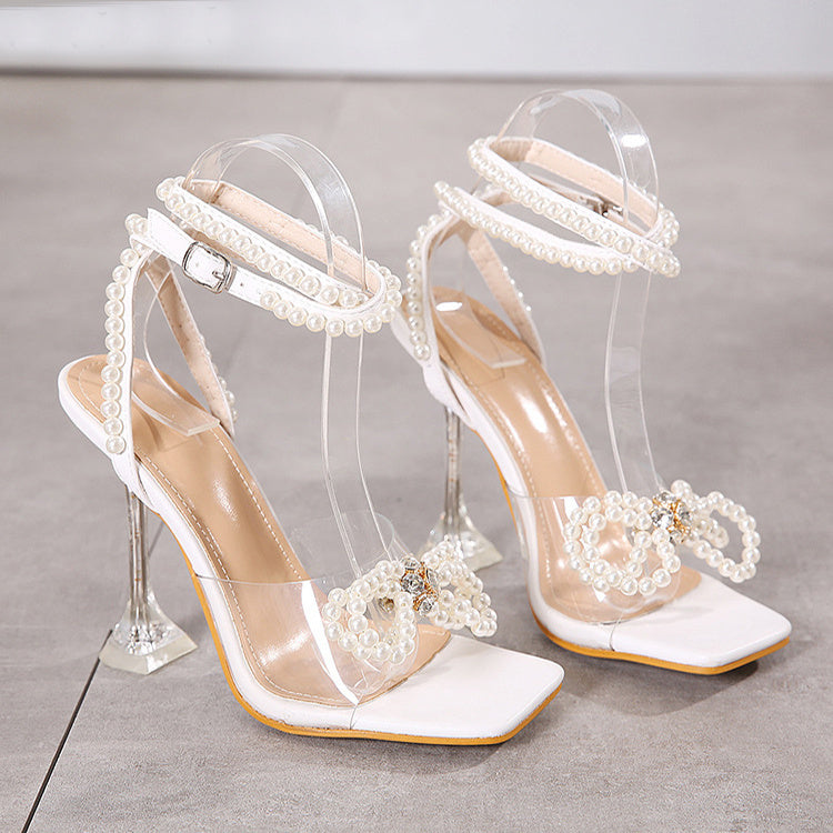 Pearl Bow Square Toe High Heel Sandals