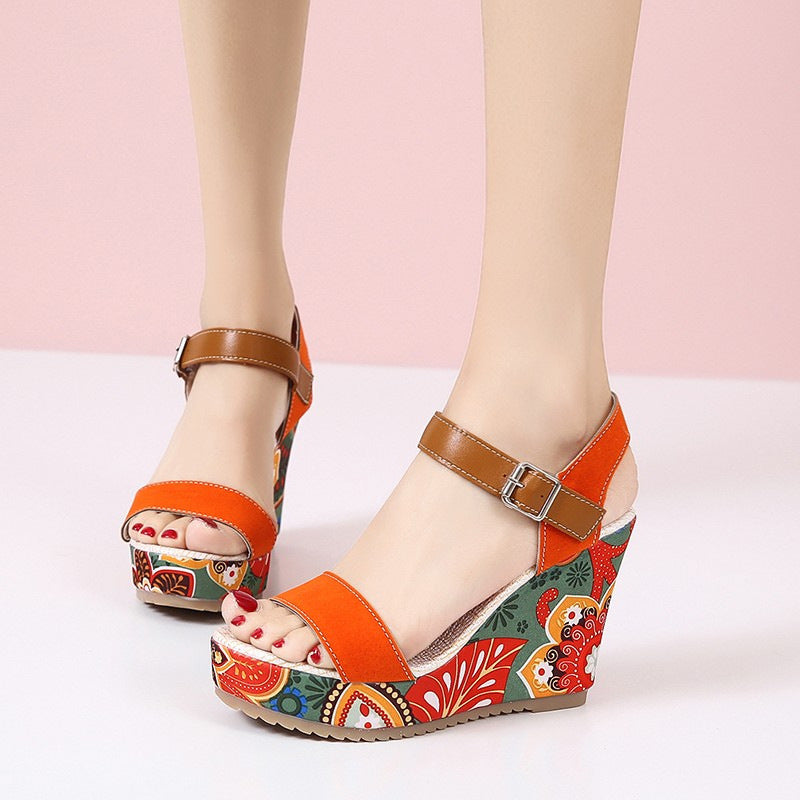 Embroidered Floral Wedge Sandals Women