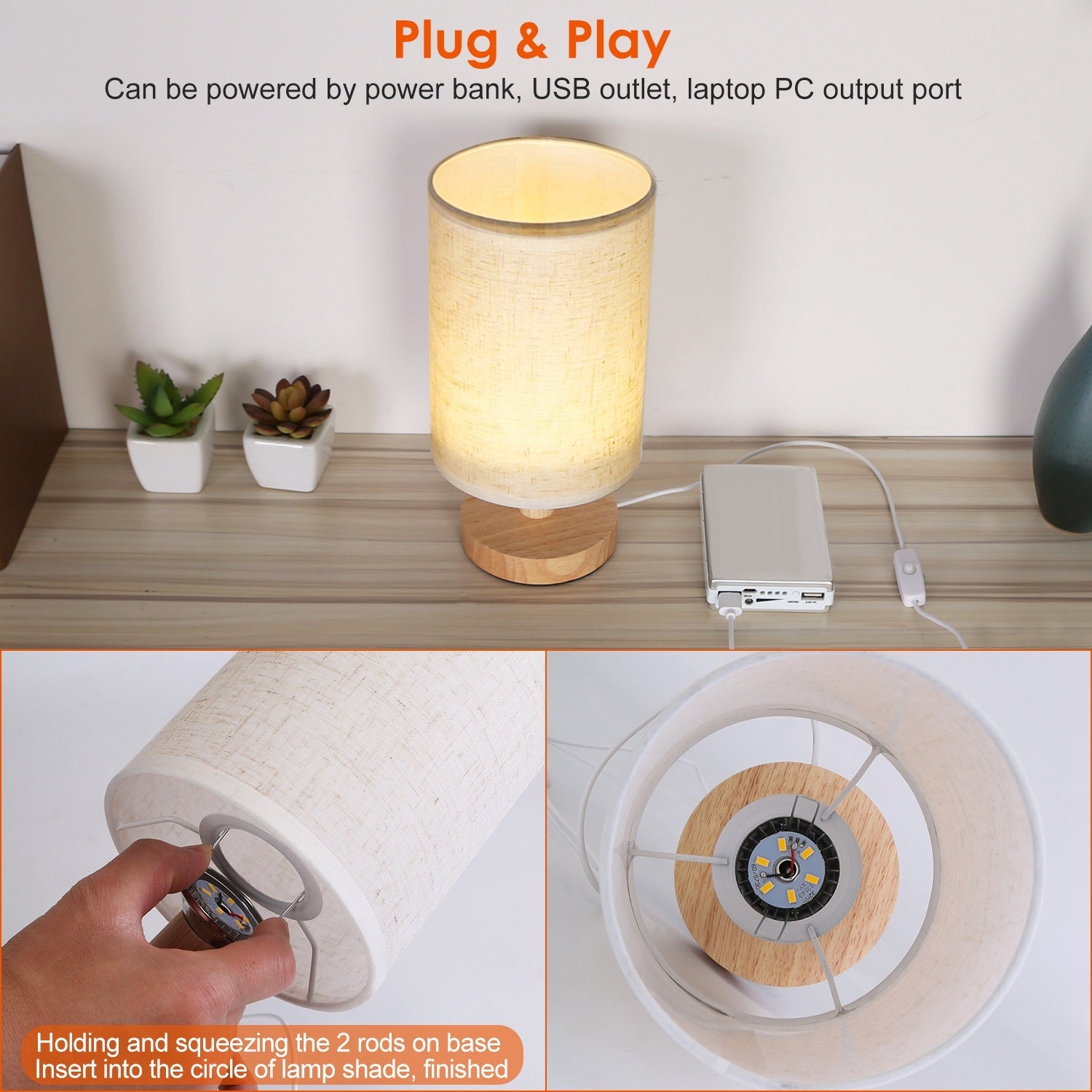 Warm White Bedside Lamp USB Plug