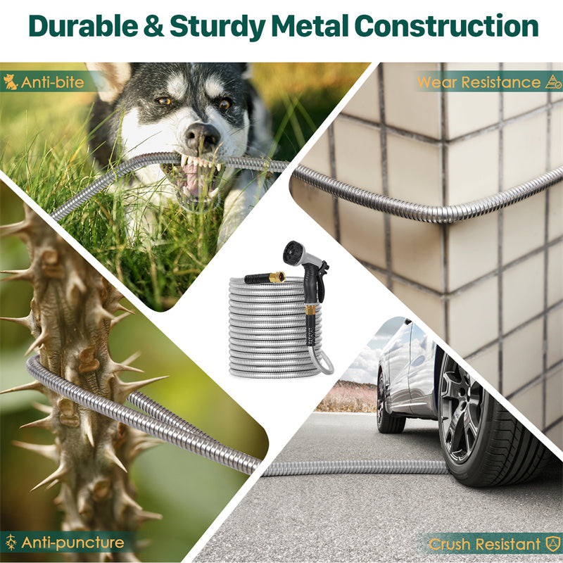 100FT Metal Garden Hose with Spray Nozzle