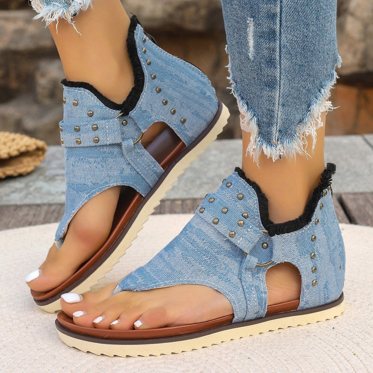 Denim Thong Sandals Rear Zipper Flats
