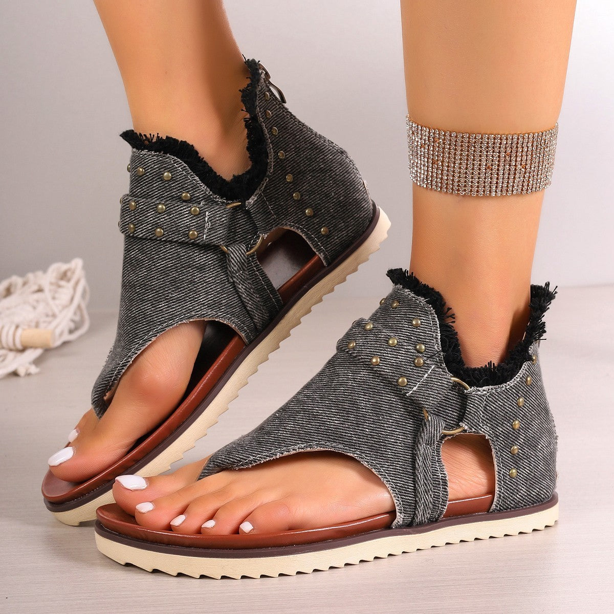 Denim Thong Sandals Rear Zipper Flats