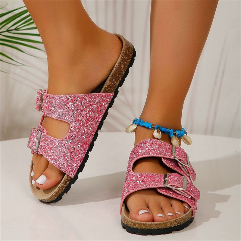 Sequined Double Buckle Summer Slides
