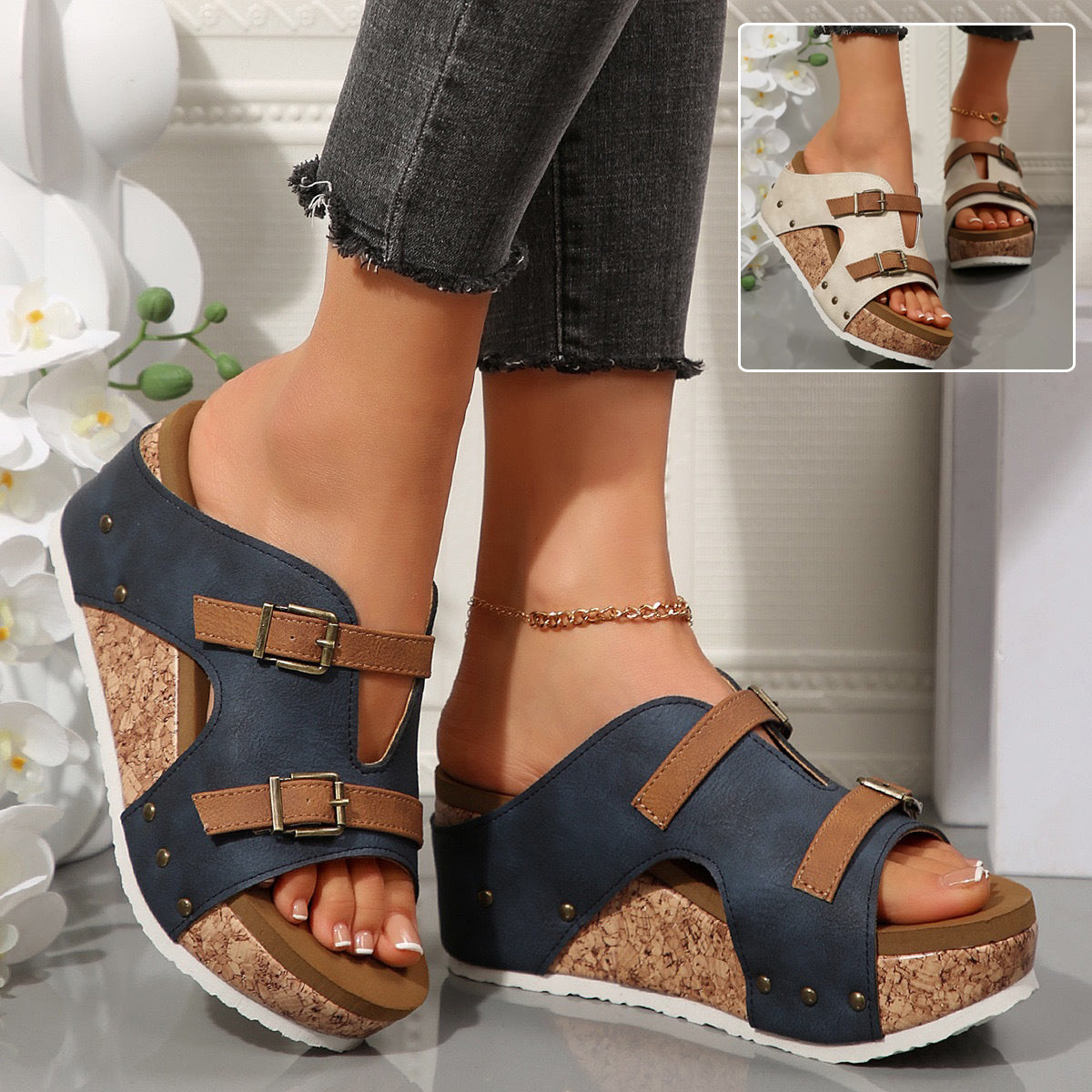Ins Buckle Wedge Heel Roman Sandals