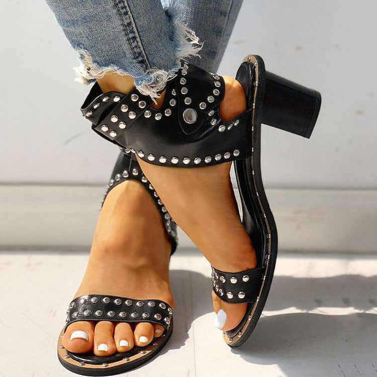 Rivet Buckle Chunky Heel Sandals Women