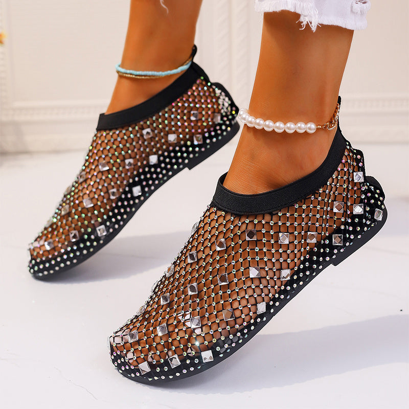 Colorful Rhinestone Mesh Flat Sandals