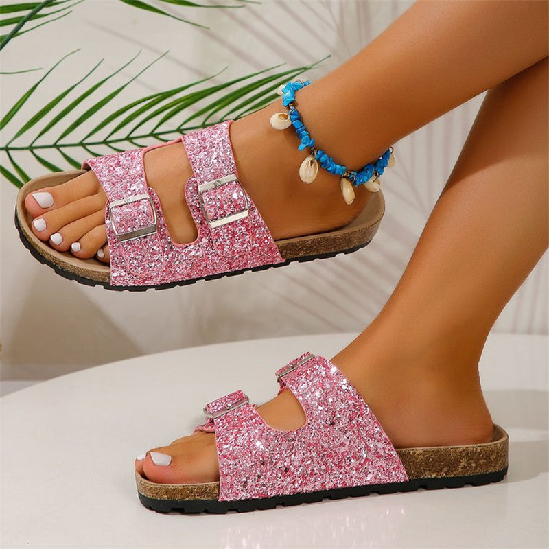 Sequined Double Buckle Summer Slides