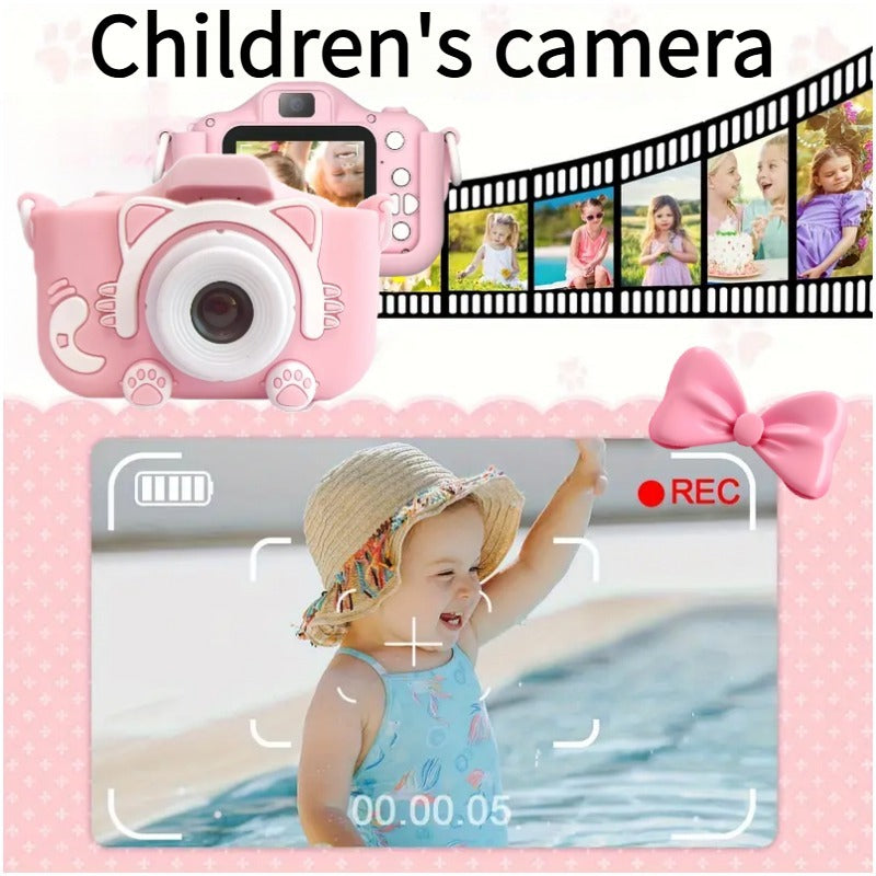 Pink Cat Kids Camera with Selfie Filters