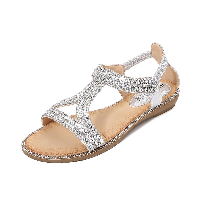 Boho Hollow Flat Rhinestone Sandals
