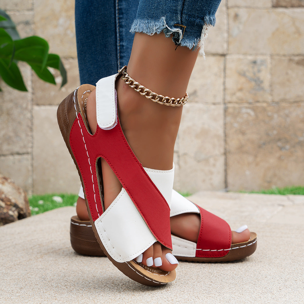 Colorblock Cross-Strap Wedge Sandals