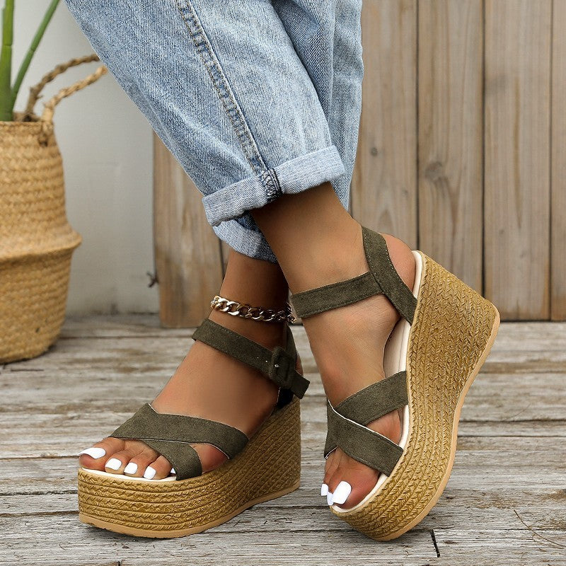 Cross-Strap Wedge Hemp Heel Sandals
