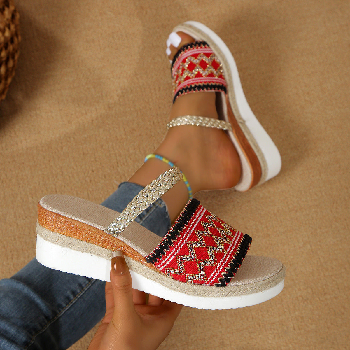 Colorblock Wave Pattern Ethnic Wedge Sandals