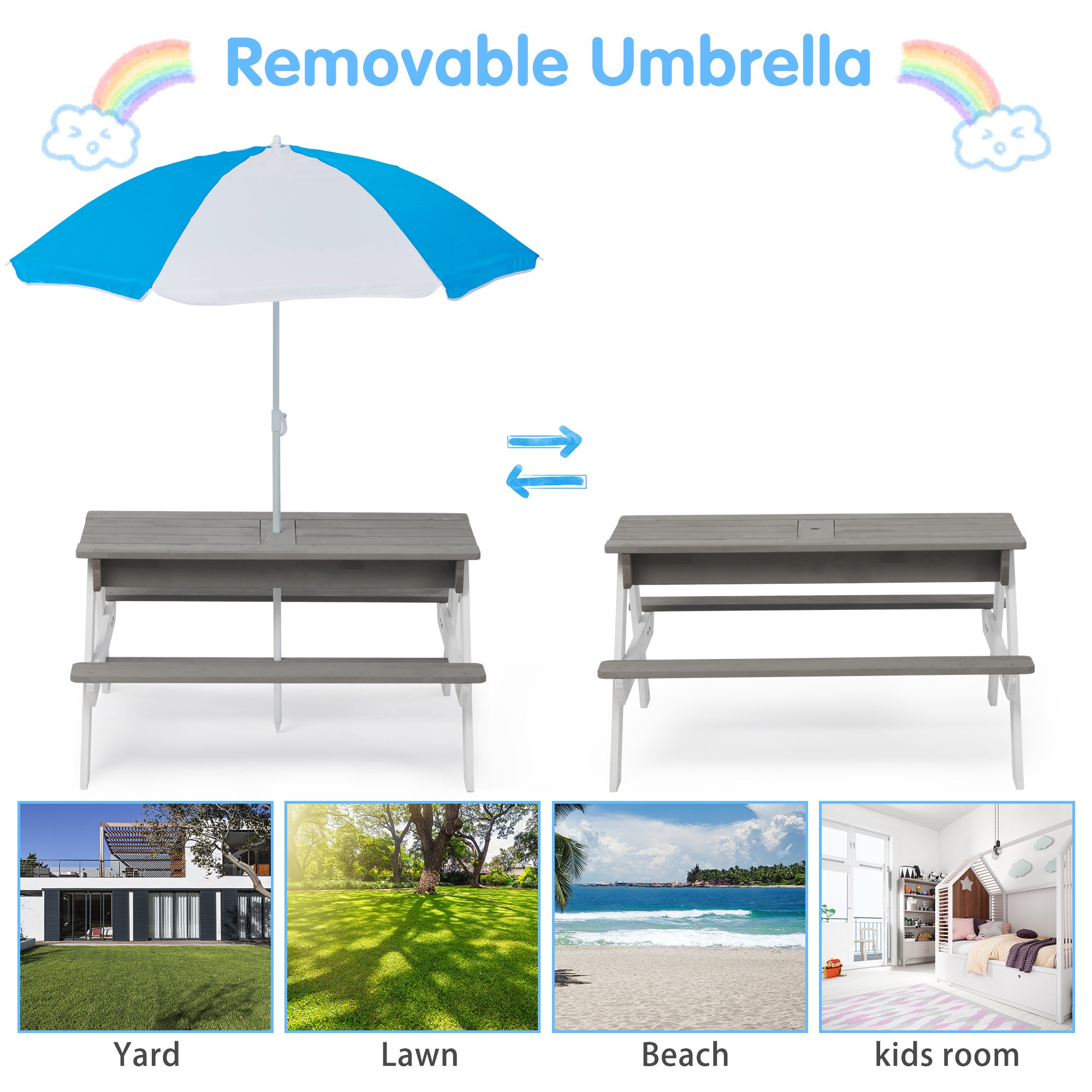 3-in-1 Kids Picnic Table with Umbrella