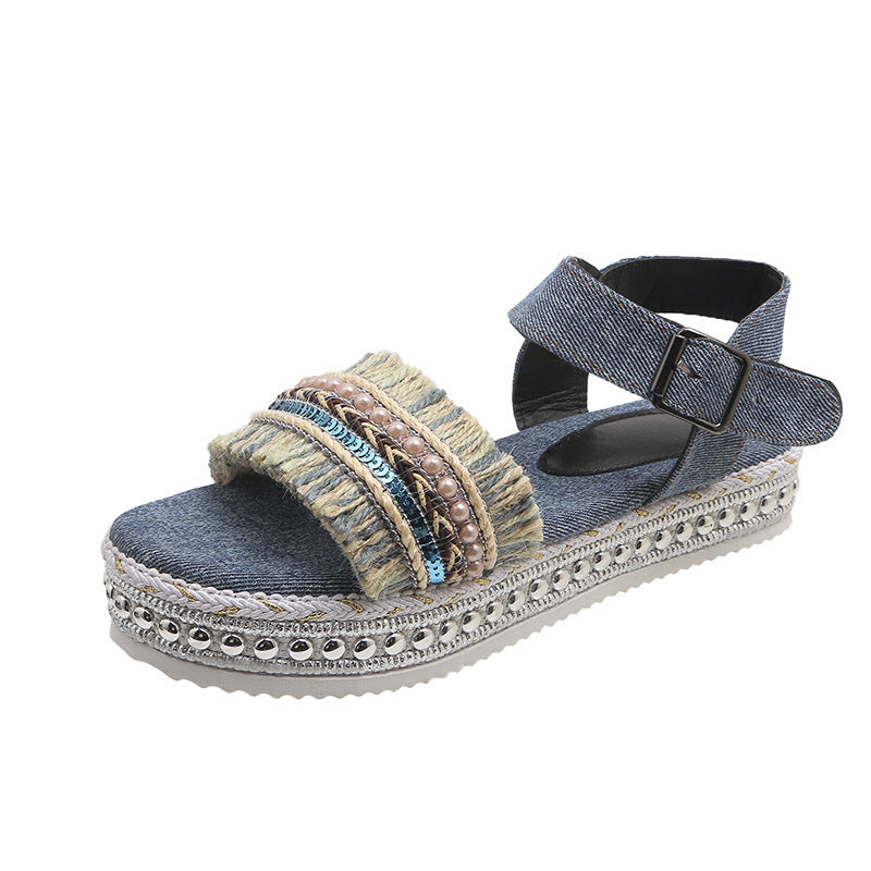 Tassel Denim Flat Ethnic Sandals