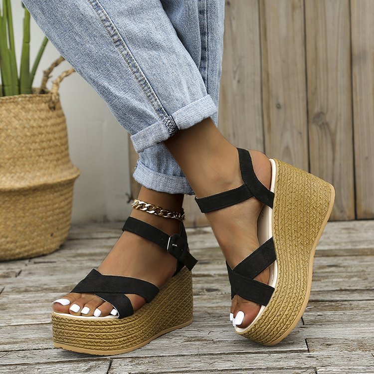 Cross-Strap Wedge Hemp Heel Sandals
