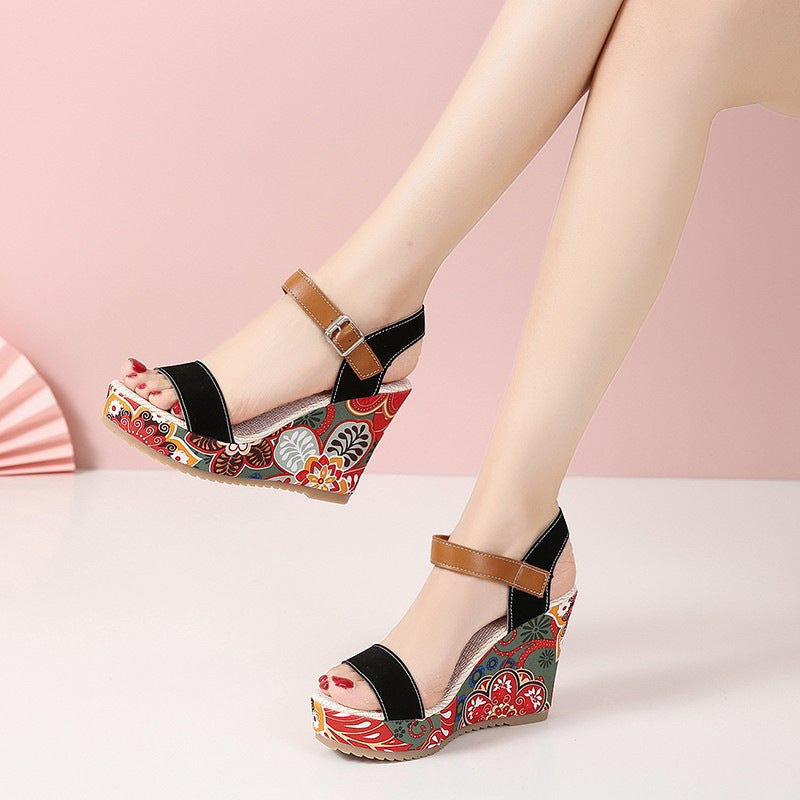 Embroidered Floral Wedge Sandals Women