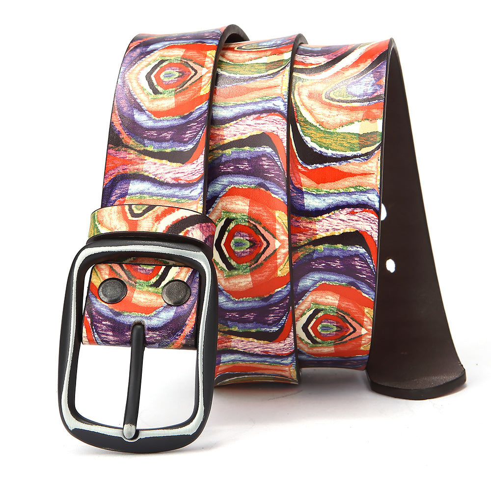 Ceinture en cuir de vachette à motif graffiti arc-en-ciel