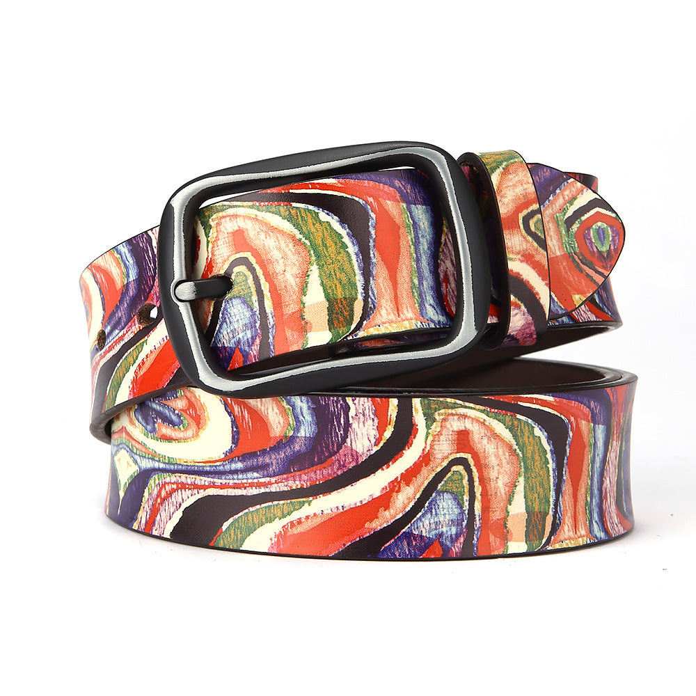 Ceinture en cuir de vachette à motif graffiti arc-en-ciel