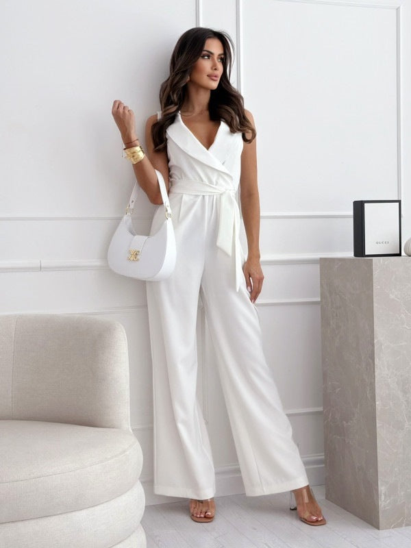 V-Neck Sleeveless Belted Jumpsuit