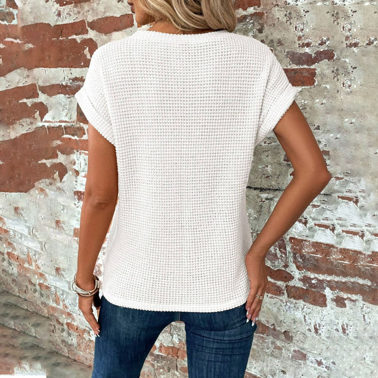 T-shirt ras du cou en tricot gaufré pour femme