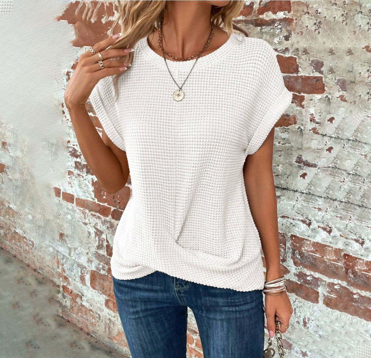 T-shirt ras du cou en tricot gaufré pour femme